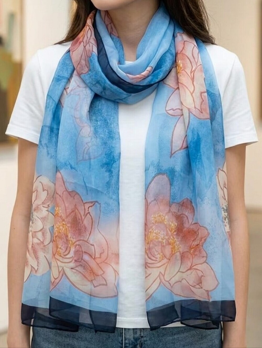 NWT Floral Chiffon Scarf Blue Peach Watercolor Peony Lightweight Shawl 63 × 20
